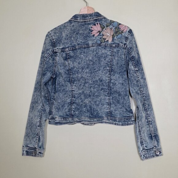 Suko Jeans Denim Jacket Women L Blue Acid Wash Floral Embroidery Stretch Y2K - Picture 16 of 16